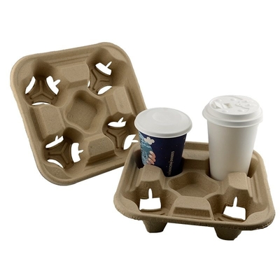 4 Cup Disposable Biodegradable Paper Cup Carrier Tray Untearable , Cup Holders Natural Color